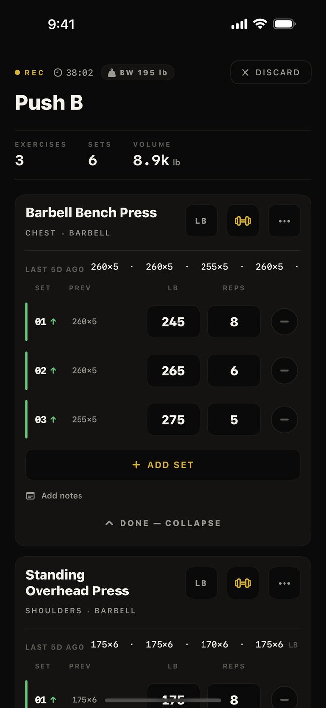 A live ORIGIN session: a running clock, logged sets for the barbell bench press with last session's weight and reps beside each row, and an add-set control.